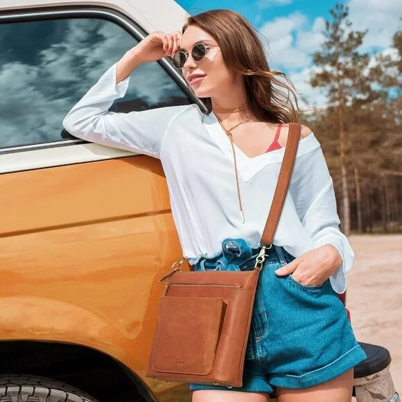 Leather Crossbody Bag for Women Medium Vintage Multi Pockets Travel Purse - Picture 2 of 8